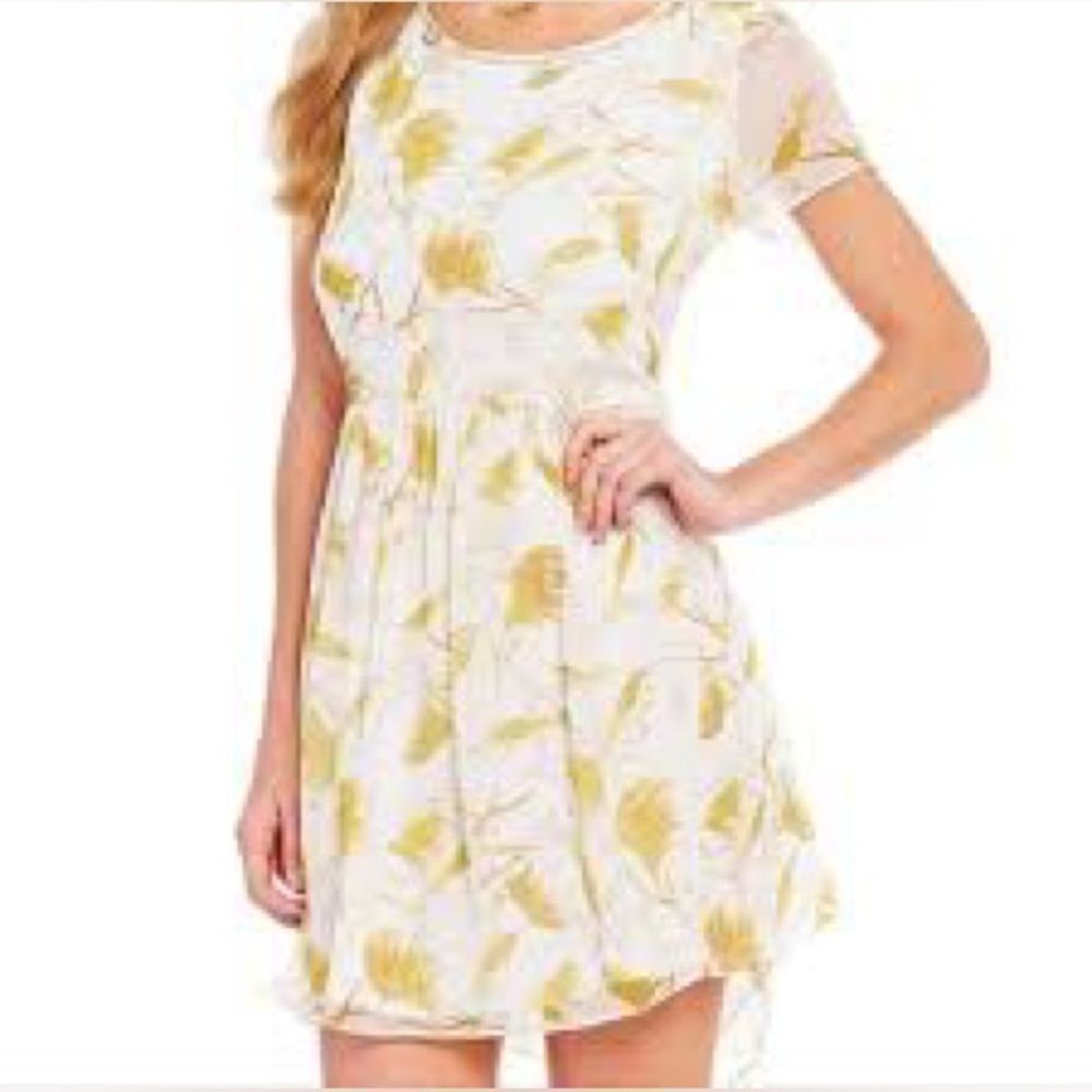White & Mustard Floral Mini Dress - Lightweight Short Sleeve